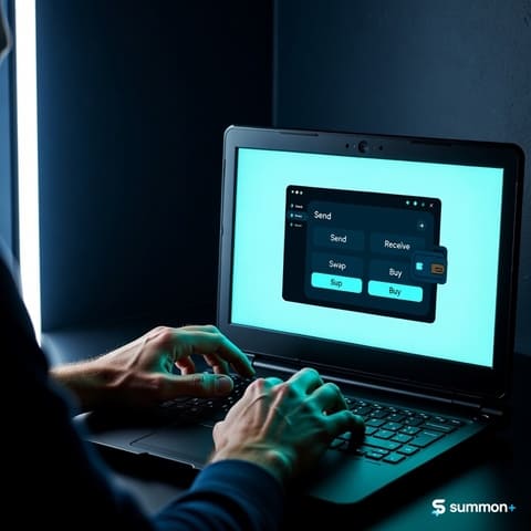 Digital seller cashing out USDC earnings on a laptop with a crypto wallet interface